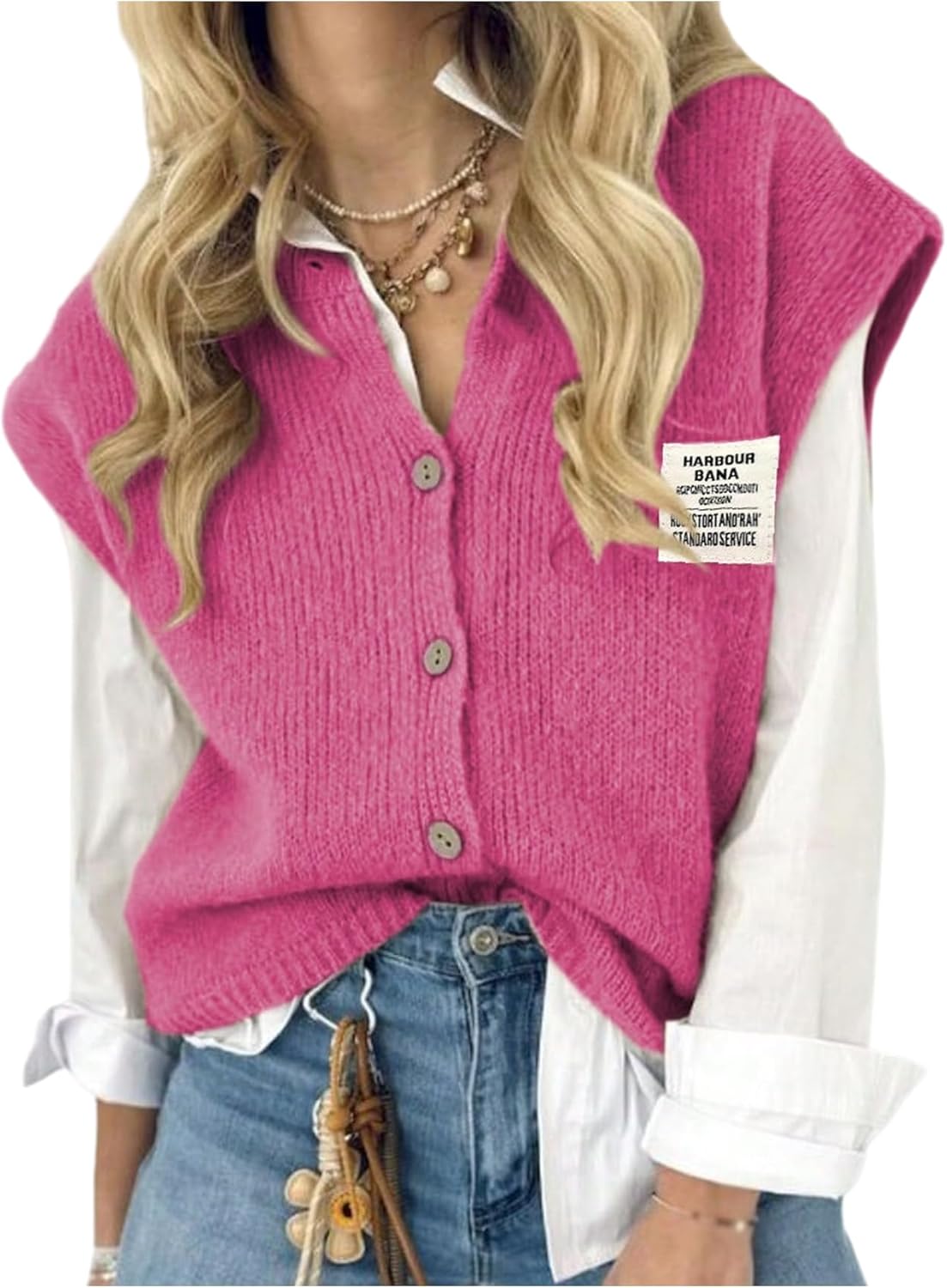 GORGLITTER Women's Short Sleeve Button Up Sweater Vest Tops Fall Cozy Casual Trendy Patched Crew Neck Knit Cardigan Top