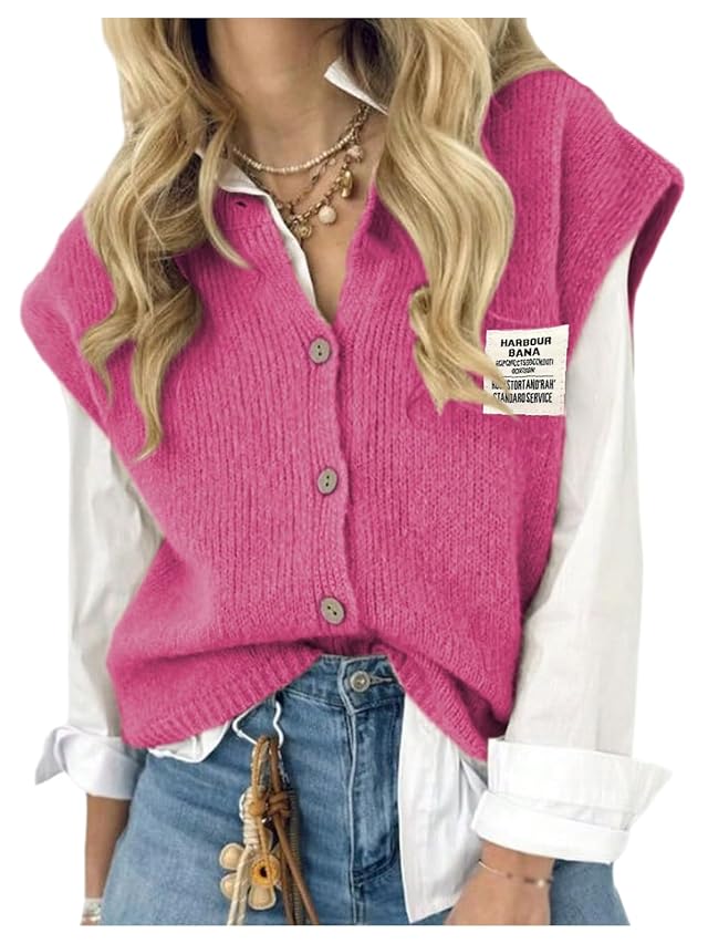 GORGLITTER Womens Short Sleeve Button Up Sweater Vest Tops Fall Cozy Casual Trendy Patched Crew Neck Knit Cardigan