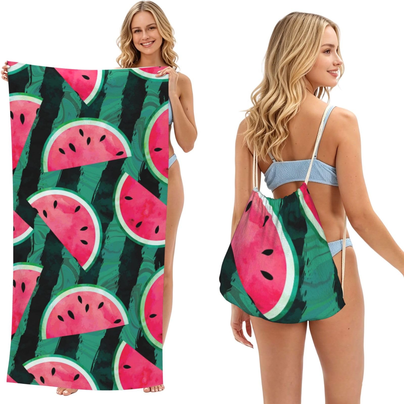 Poadnly As Picture Summer Watermelon Cool, 2 In 1 Packable Towel Bag, Beach Towels With Drawstring Backpack For Travel Holiday Camping