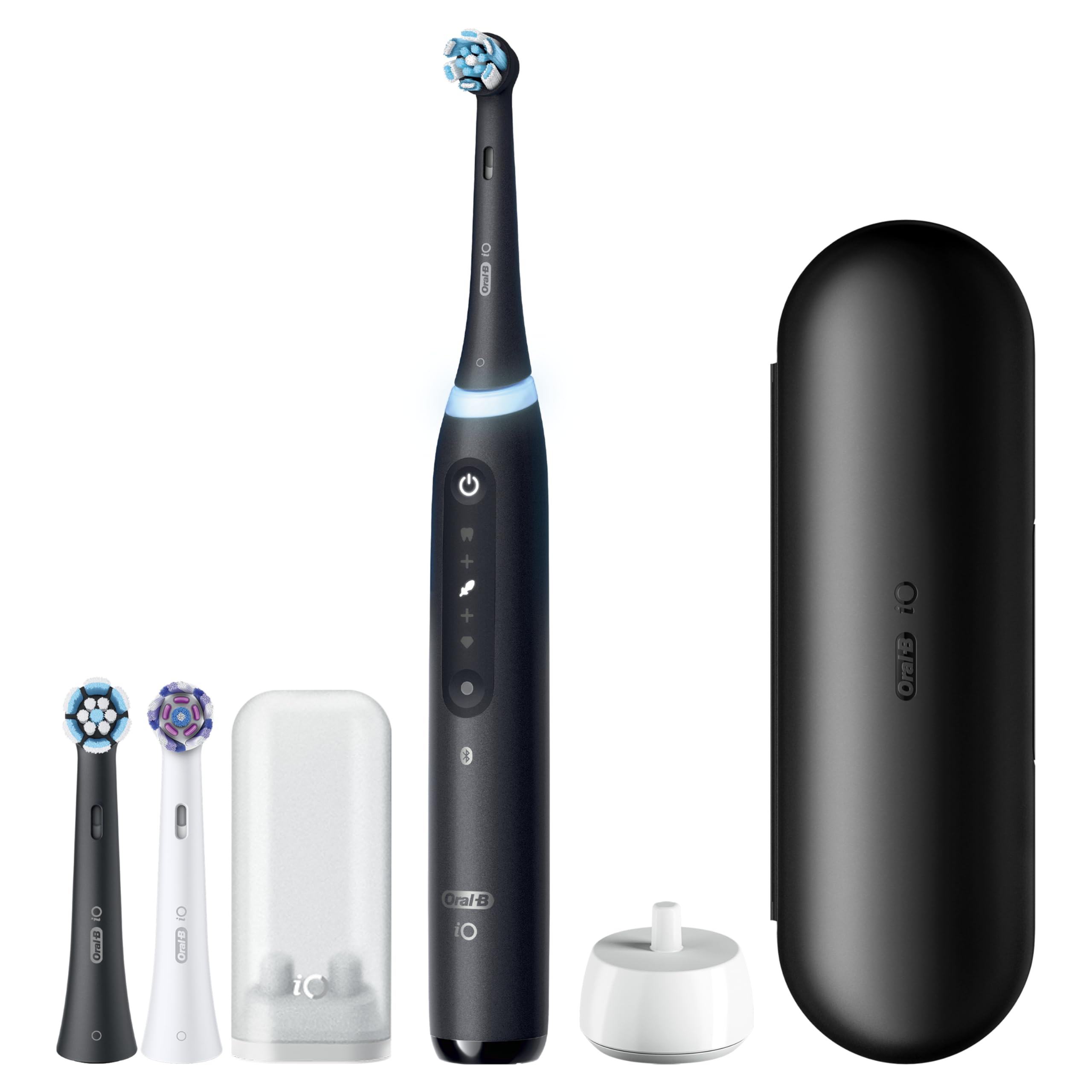 Oral-B iO Deep Clean + Whiten Rechargeable Electric Toothbrush with Visible Pressure Sensor, 2 Minute Timer, 5 Cleaning Settings, 1 iO5 Limited, 3 Toothbrush Heads, Travel Case & Refill Holder, Black