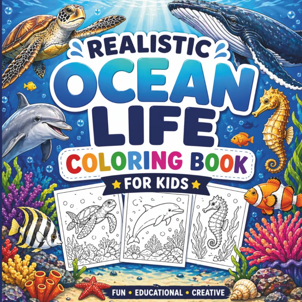 Realistic Ocean Animals Coloring Book for Kids: Dolphins, Sharks, Turtles & More • Easy and Fun Coloring Pages with Bold Lines for Ages 4–8 (Real World Coloring Adventures)