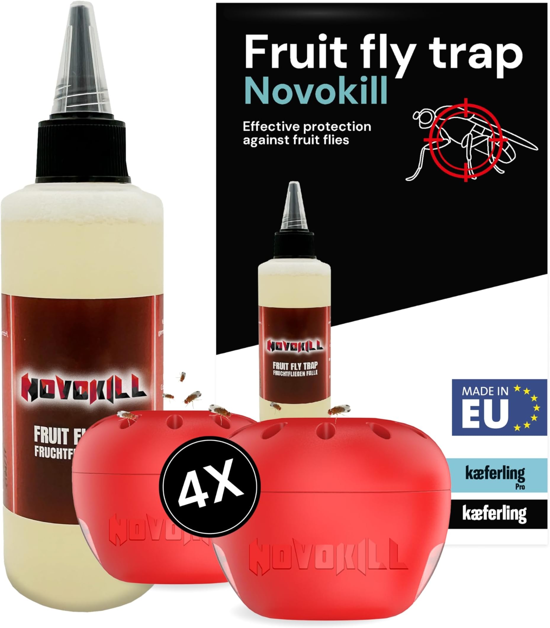 Fruit Fly Trap – 4x Traps + 100ml Attractant – Fruit fly traps indoor kitchen – Fruit fly killer trap – Indoor fruit fly trap – Reusable fly trap – Long-lasting fruit flies control
