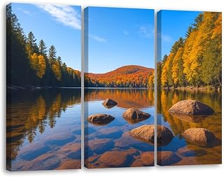 3 Piece Canvas Wall Art Prints Picture Fall colour Meech Lake Canada Framed Wall Painting Modern Artwork Poster Home Decor for Living Room Office Ready to Hang