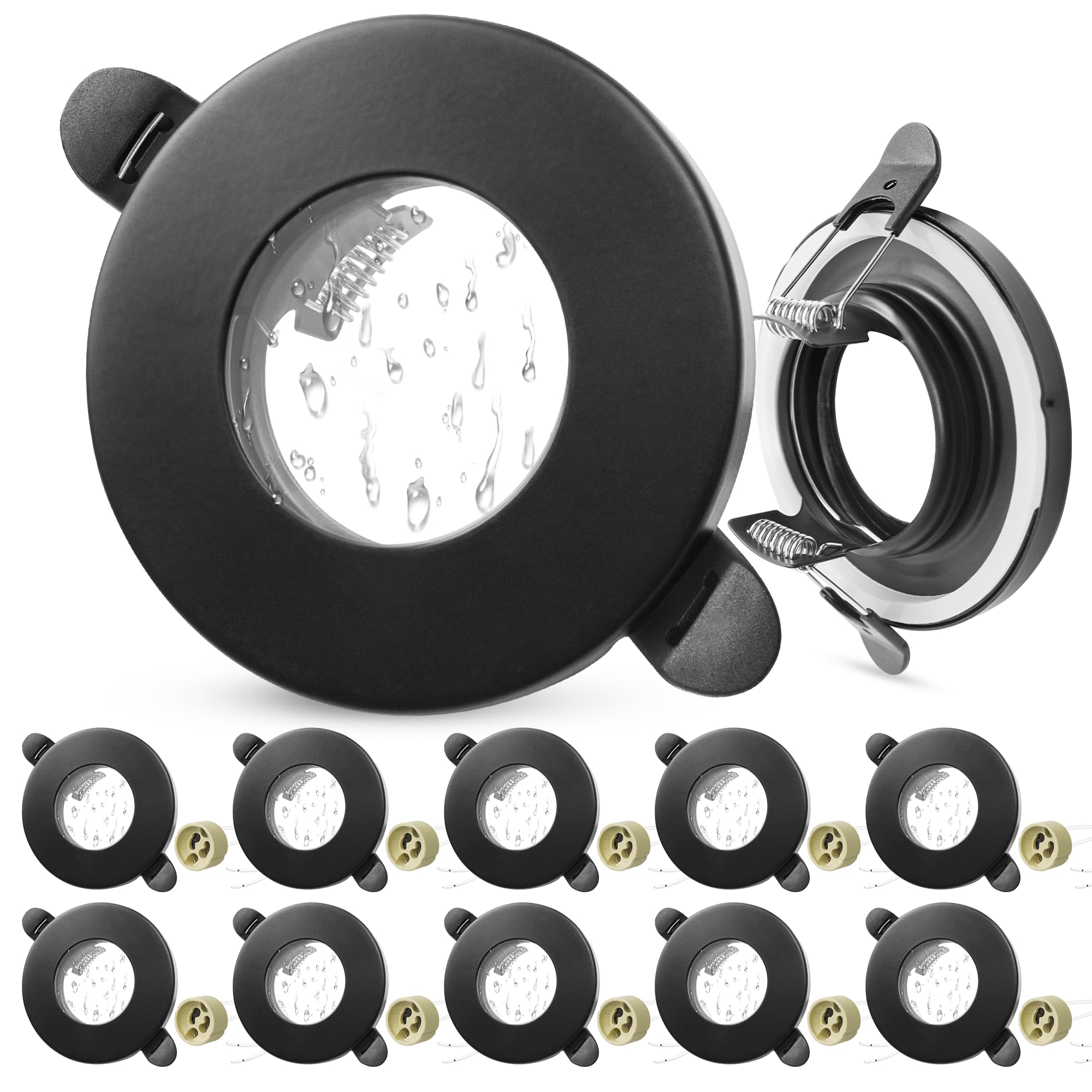 Laiebri 10er LED Einbaustrahler 230V IP65 Rahmen mit GU10 Fassung, LED Spots Badezimmer Ultra Flach 55-70mm Lochmass, Rund GU10 Einbaurahmen Einbauleuchten Einbauspots, Deckenspots Schwarz