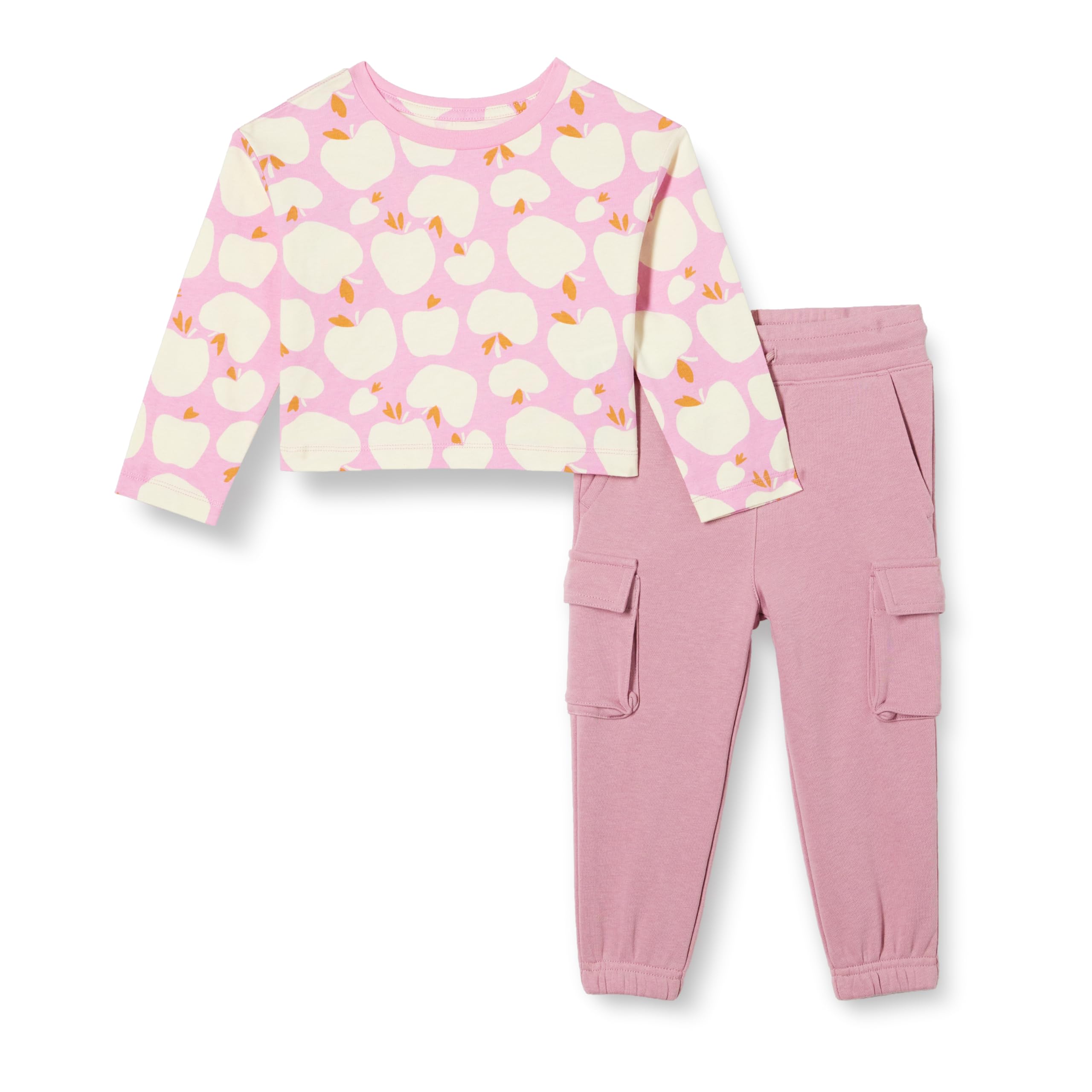 Amazon Essentials Mädchen Relaxed-Fit-Set Aus Langarm-T-Shirt Aus Baumwolljersey Und Schlupfhose Aus French Terry, Mauve/Äpfel, 8 Jahre
