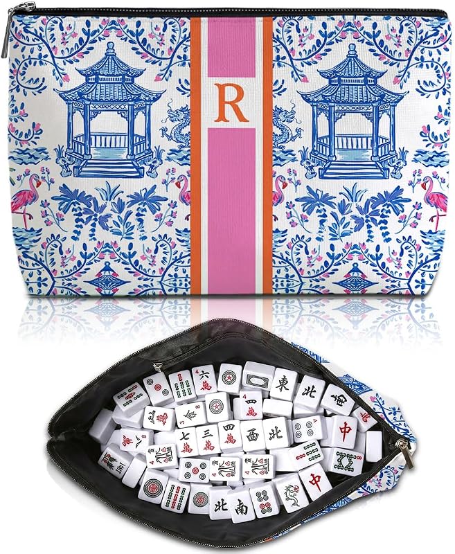 Necessaire Blue Leaves com letra inicial R e estampa de Mahjong