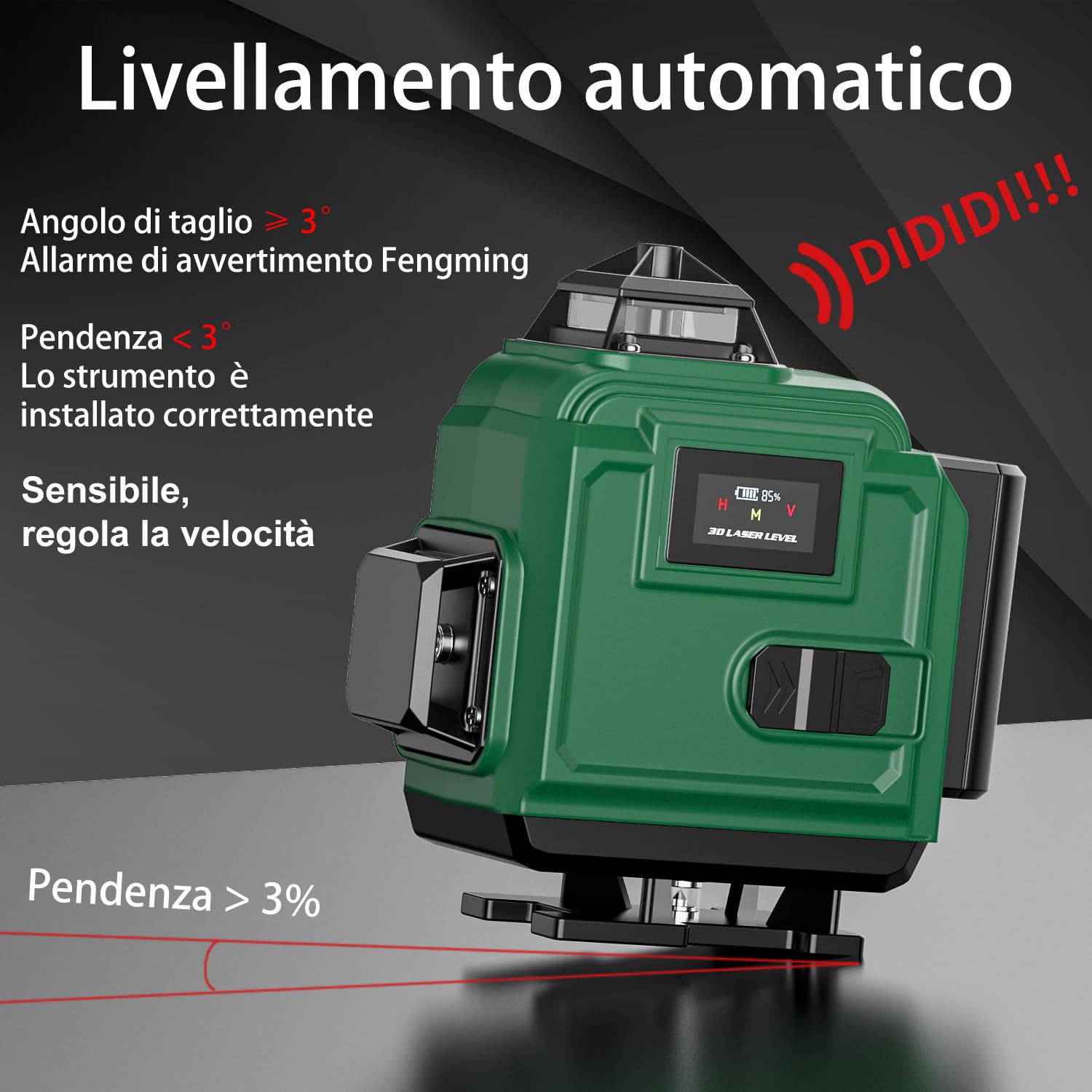 Livella Laser Autolivellante 4x360° con Treppiede, 16 Linee Livella Laser Verde Professionale, 2xBatterie Ricaricabili, Display Digitale LCD- LevelMaster PRO