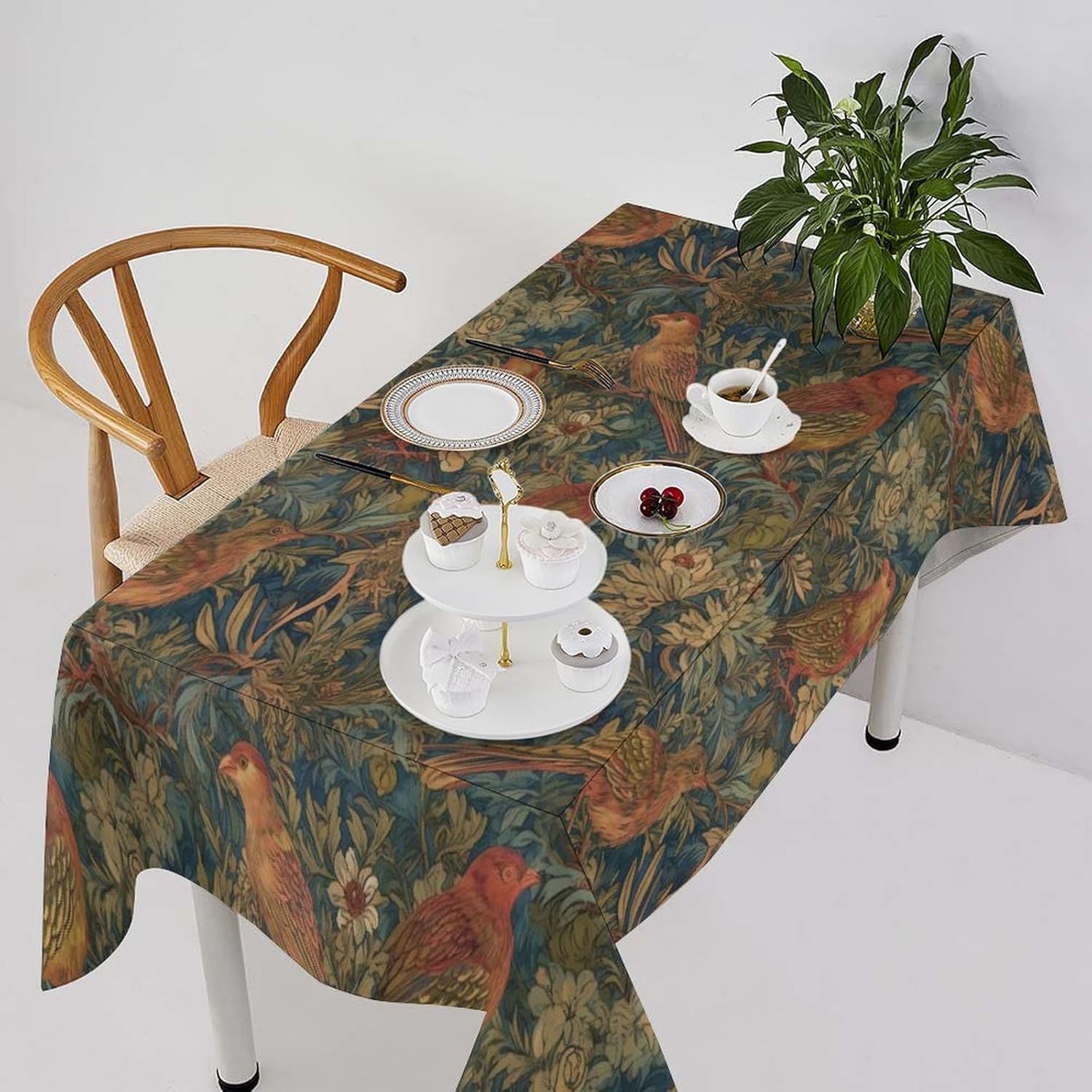 William Morris Tablecloth,Vintage Rustic Classic Green Nature Plant Leaf Floral Bird Table Cloth Cover for Kitchen Dining Cafe Camping Outdoor Indoor Party Restaurant Picnic Decor 90x60in