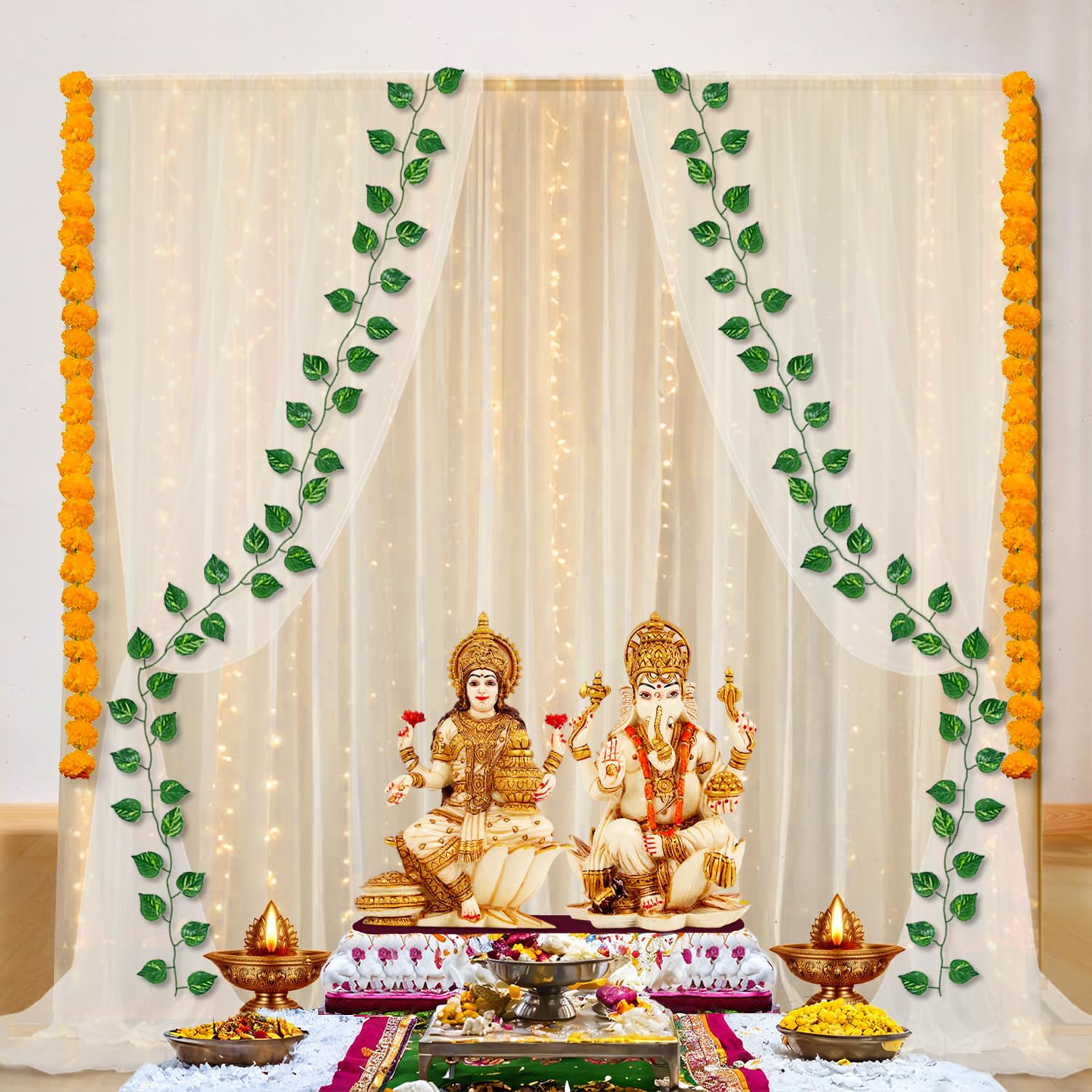 Party Propz White Backdrop for Decoration with LED Light, Hanging - 11Pc Backdrop Cloth for Decoration Pooja, Diwali Decoration for Home Decor, Diwali Decoration Backdrop (Net)