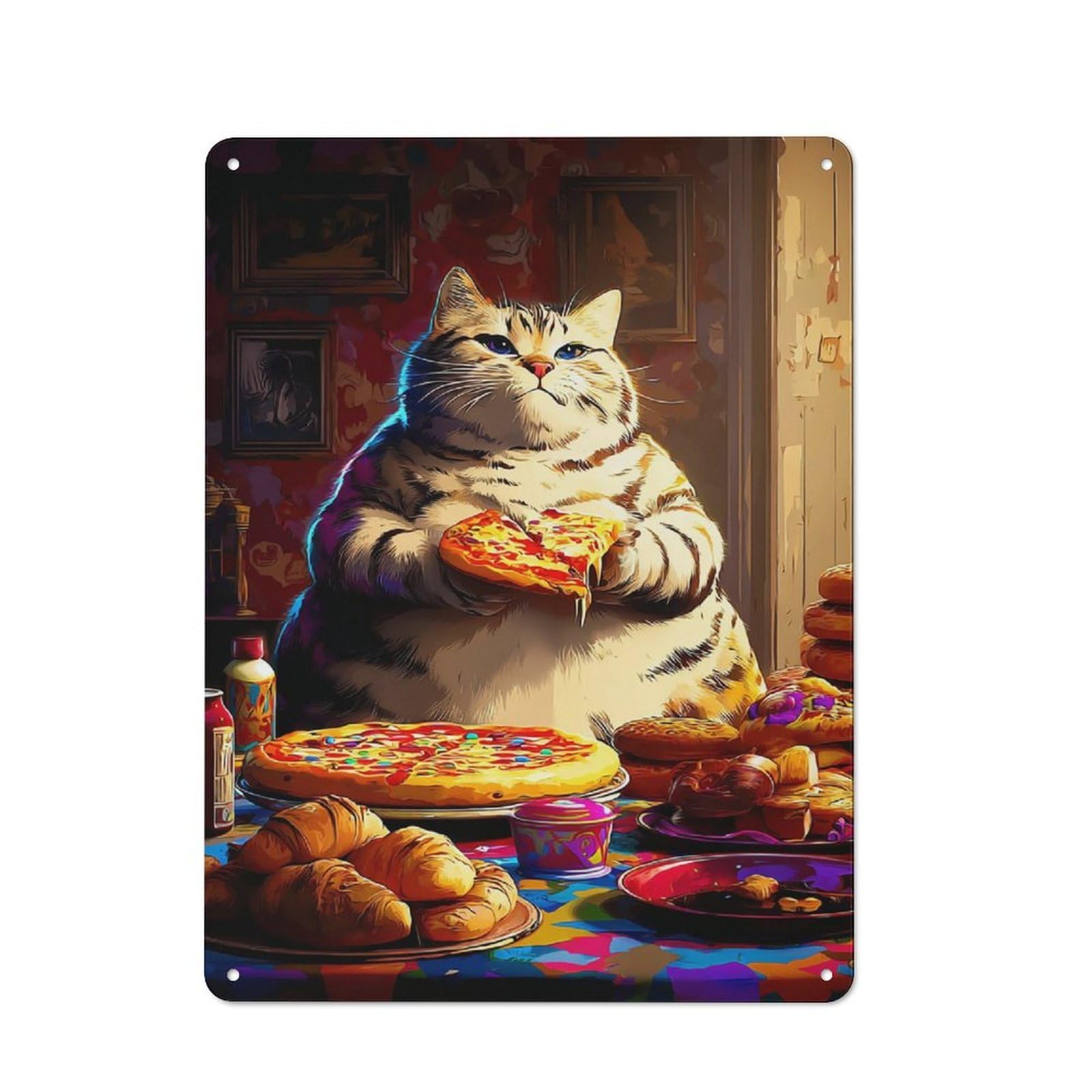 Junmoney Fat Cat Enjoying Pizza Party Vintage Metal Sign 40X30cm, Nostalgic Pub Wall Decor For Pub, Home Bar, Shed Or Man Cave