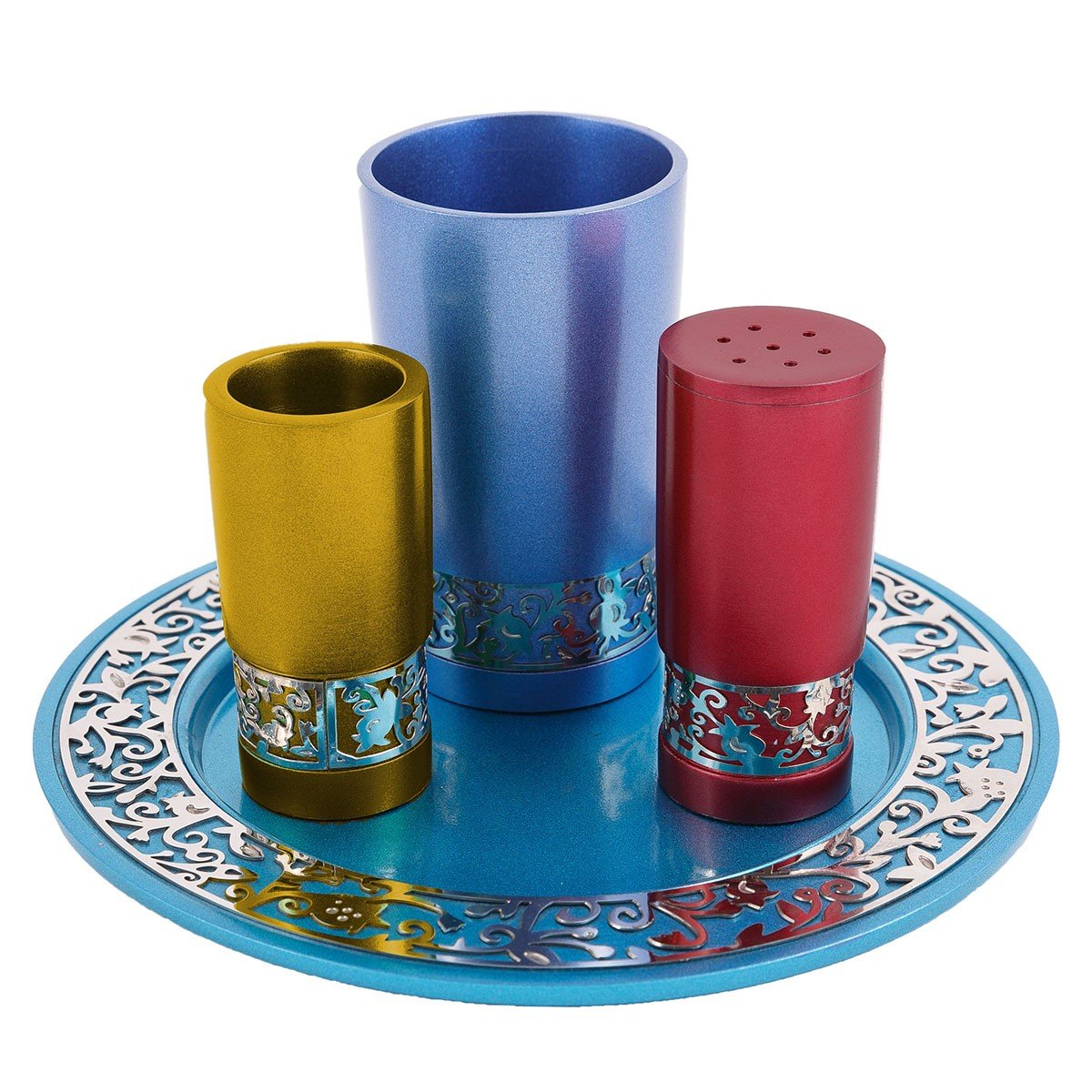 Havdalah Set 4 Pieces for Candle and Spices Multi Color Anodized Aluminum Cutout Designed by Yair Emanuel