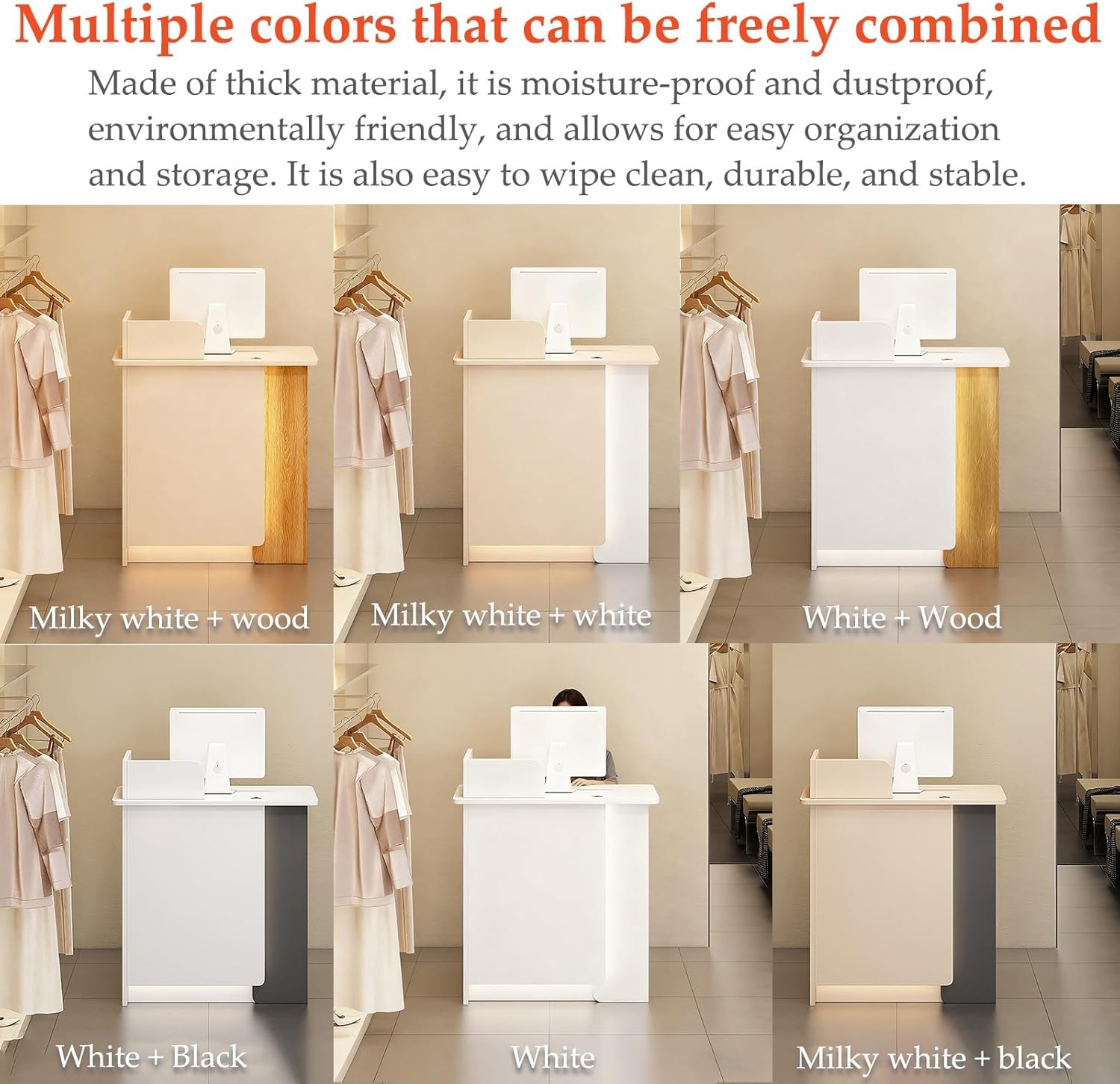 Reception Desk,Checkout Counter,Small Front Checkout Desk,Double Drawers and A Storage Cabinet for Lobby,Salon,Home Office Desk(Milky White (Right),80cm)