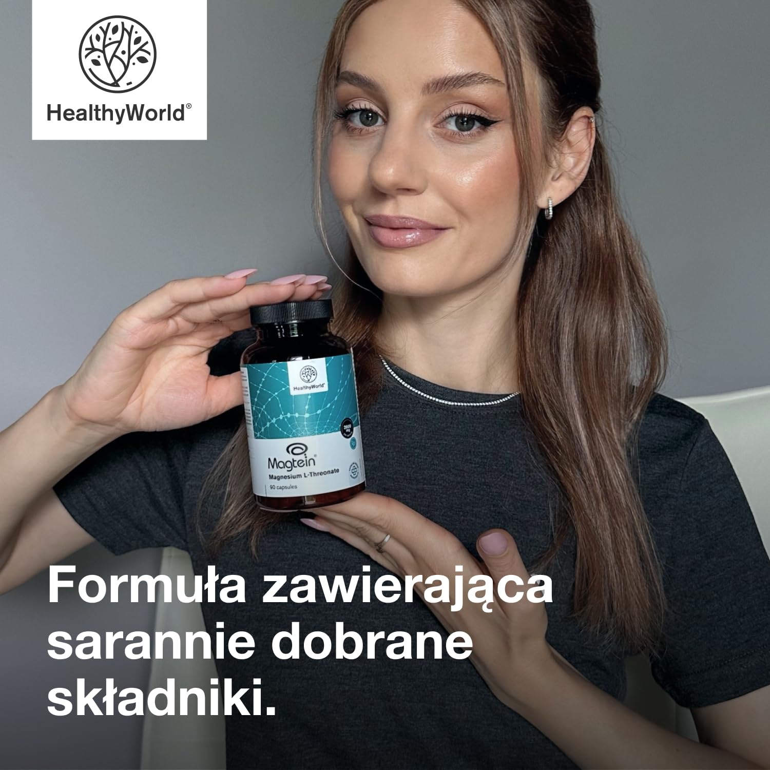 HealthyWorld L-treonian magnezu Magtein 2000 mg – 90 Kapsułek – Opatentowana forma – Wsparcie Układu Nerwowego i Witalności – Wysoka Absorpcja – Bez Alergenów