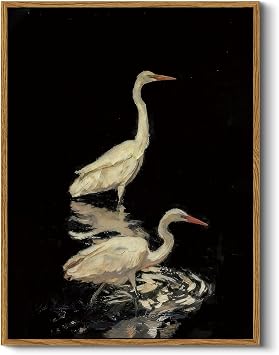 HUARCEY Elegant Heron Crane Wall Art Framed 12x16 Canvas Print, White Water Birds on Black Dark Background, Moody Vintage Wildlife Artwork for Living Room Bedroom Bathroom Modern Home Decor