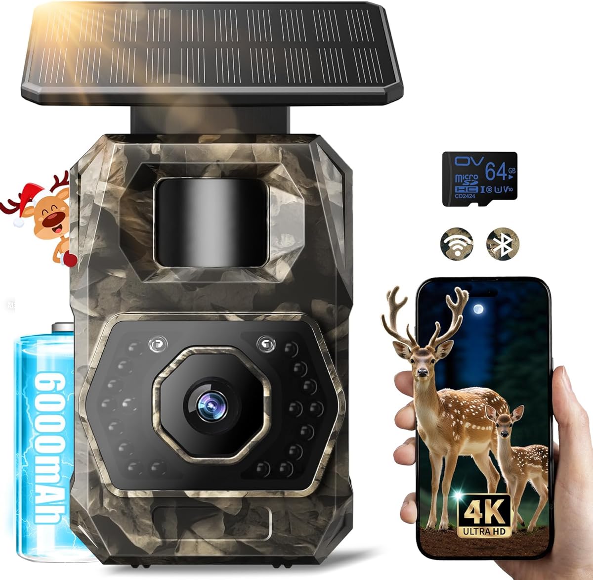 MAXDONE Telecamera per animali selvatici con app di trasferimento del cellulare, 4 K, 64 MP, WLAN, con sensore di movimento, visione notturna e batteria da 6000 mAh, tempo di attivazione, IP66