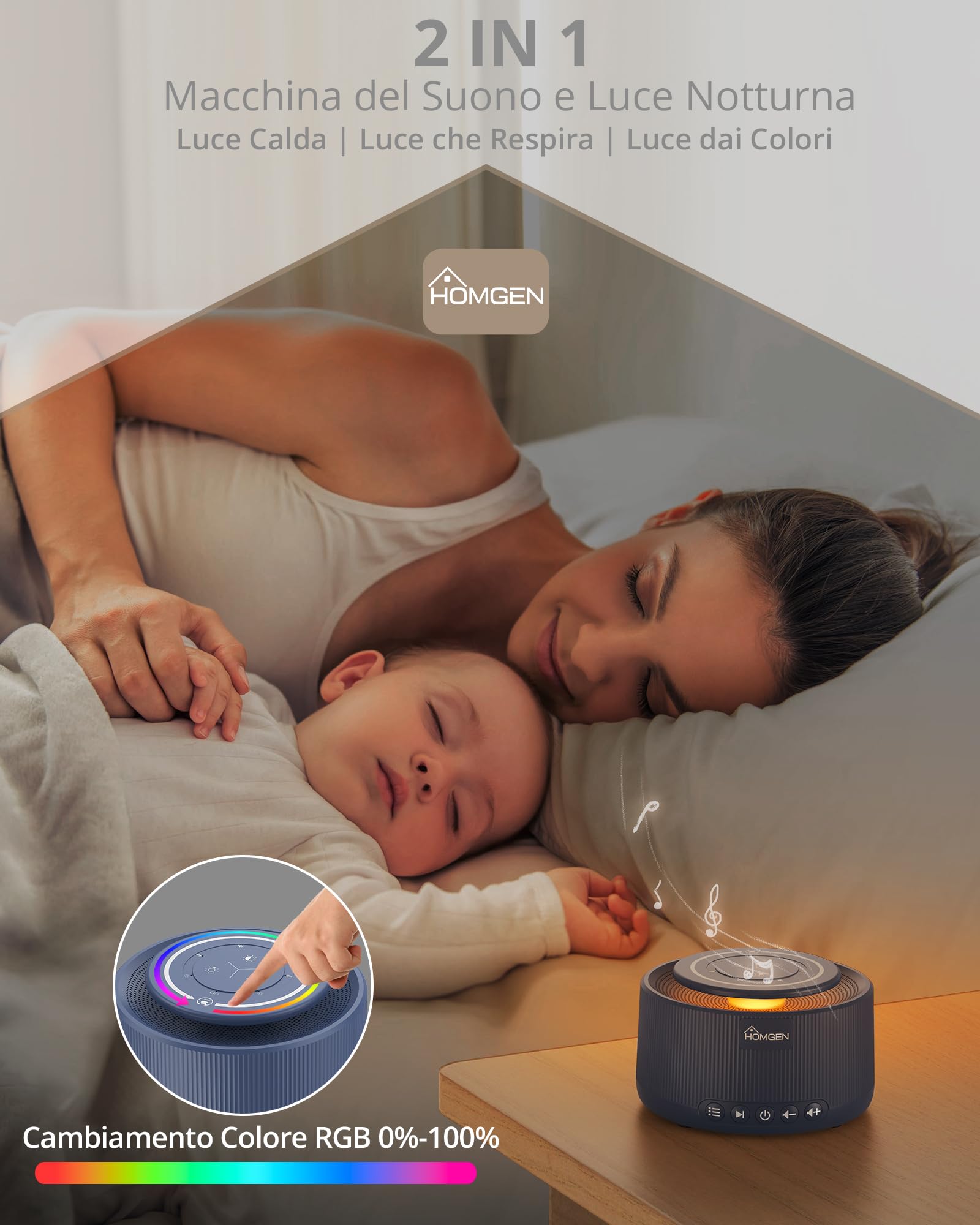 HOMGEN Macchina del Rumore Bianco 30 Suoni Macchina Rumori Bianchi per Neonato 5 Livelli di Luminosità 7 Colori Lampada Portatile per Bambino Meditazione Yoga Ufficio-Blu Scuro