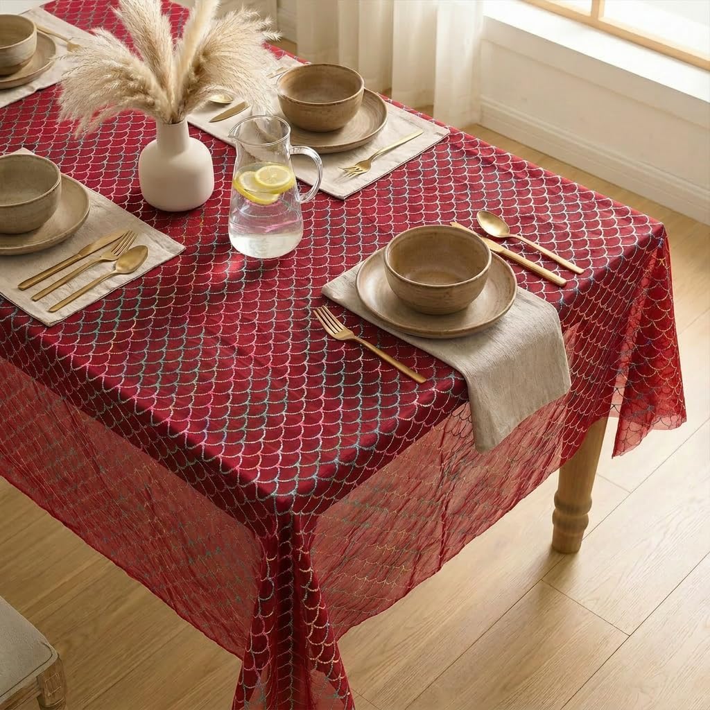 Horaldaily Red Colorful Mermaid Gauze Tablecloth 60x140 Inch Rectangular, Colorful Glitter Metallic Foil Thin Mesh Table Cover, Sheer Chiffon Tulle Cheesecloth for Wedding Baby Shower Party