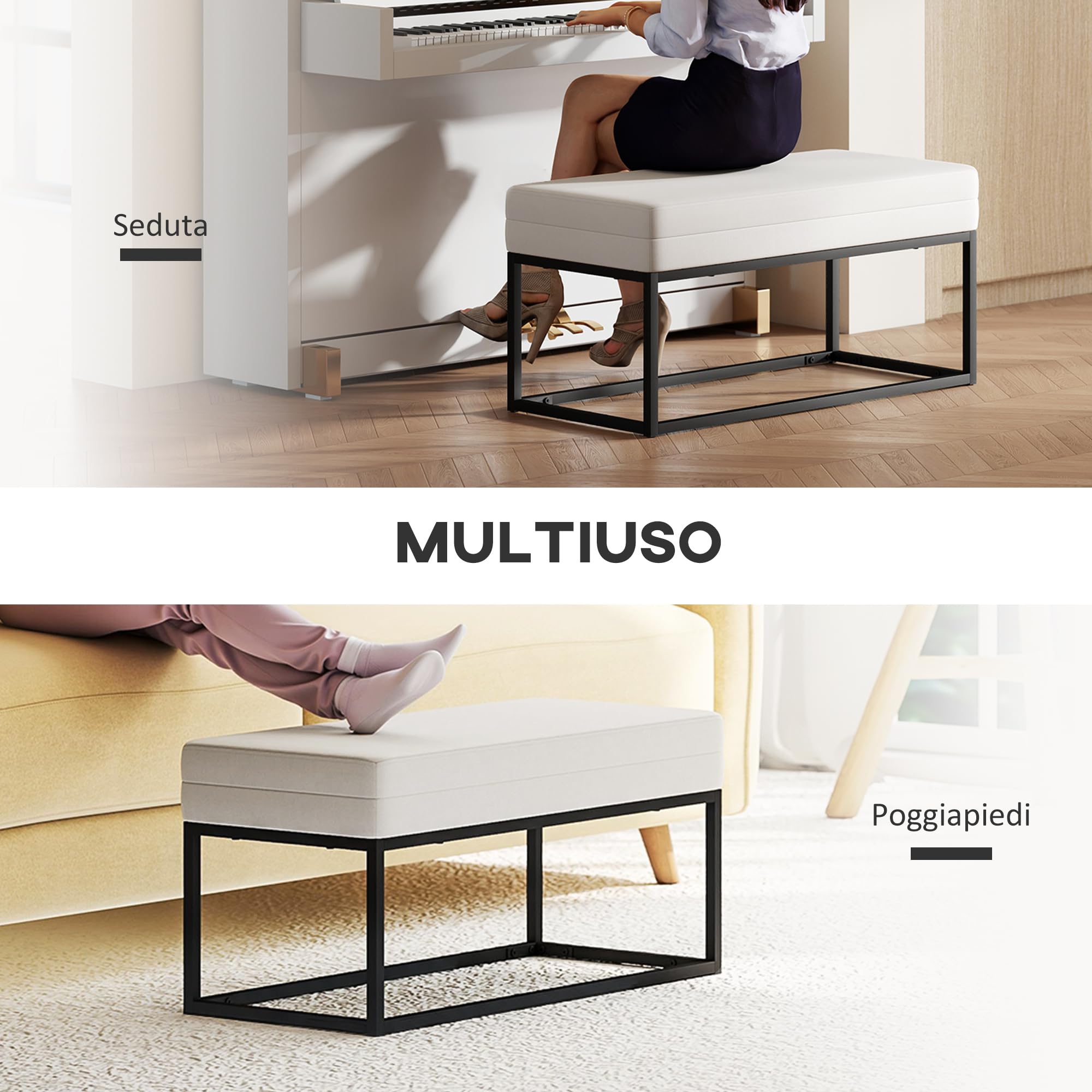 HOMCOM Panca da Ingresso Moderna e Minimal Imbottita 94x42x44 cm Crema | Piedini Regolabili, Panca Camera da Letto, Tessuto Effetto Velluto e Acciaio