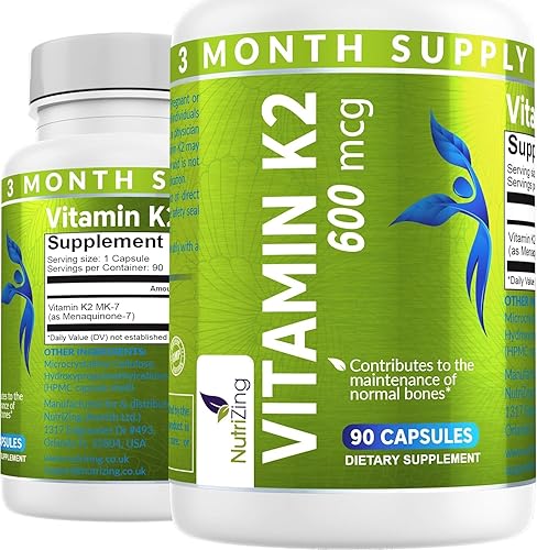 Suplemento de Vitamina K2 NutriZing MK-7 - Alta Potencia 600 mcg - Apoya la Salud Ósea y Arterial - 90 Cápsulas Veganas - Vitamina K2 para Hombres