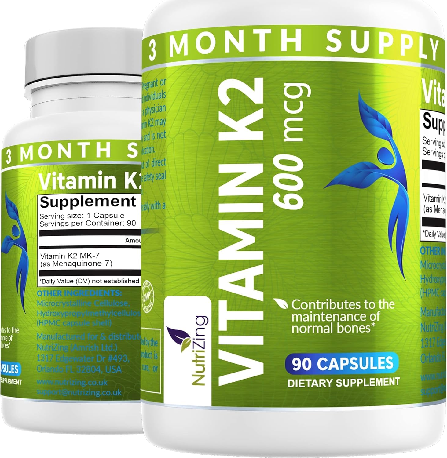 NutriZingK2 Vitamin Supplement MK-7 - High Strength 600mcg - Supports Bone & Arterial Health - 90 Vegan Capsules - Vitamin K2 for Men & Women - 3 Month Supply