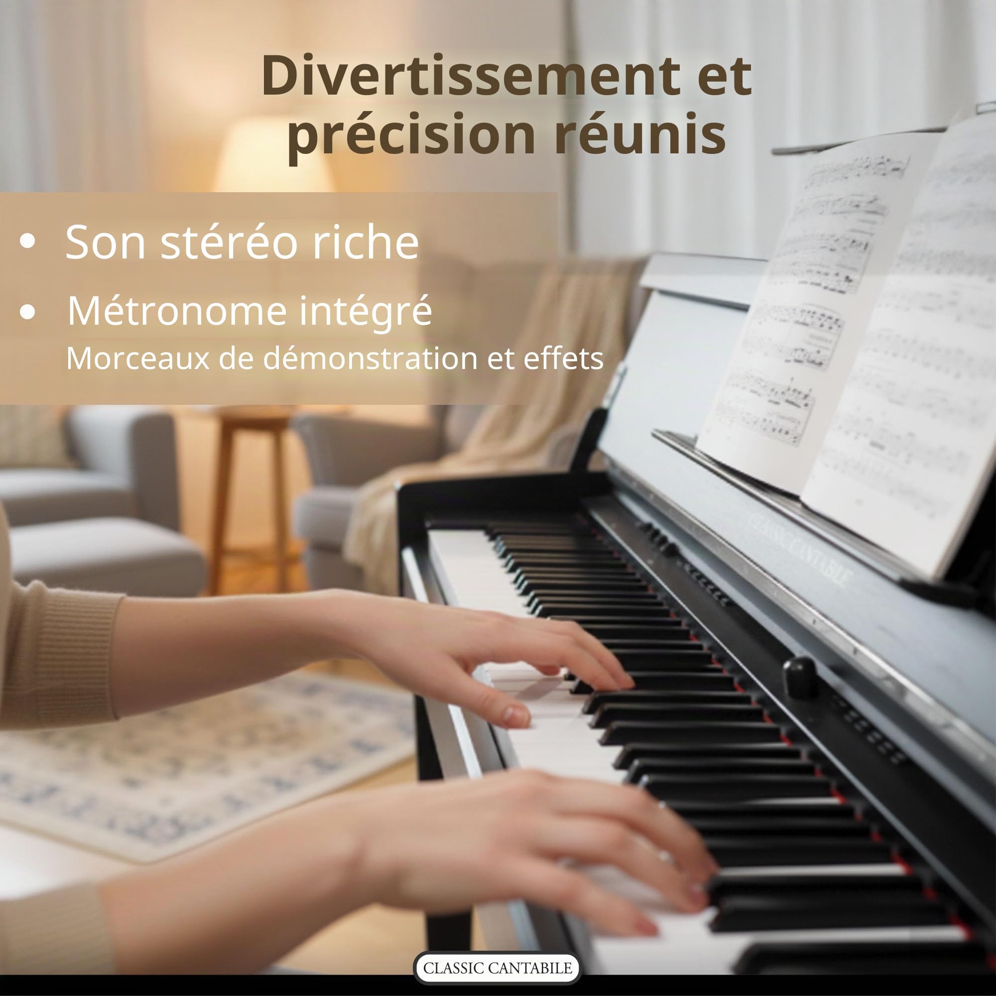 Classic Cantabile UP-1 SM Piano Droit Numérique - 88 Touches Clavier électronique à marteaux - Synthetiseur avec USB, MIDI, 40 voix, 256 polyphonie - Set avec Banc et Casque - Noir Mat | 88 touches lestées avec clavier Graded Hammer - Clavier avec surface