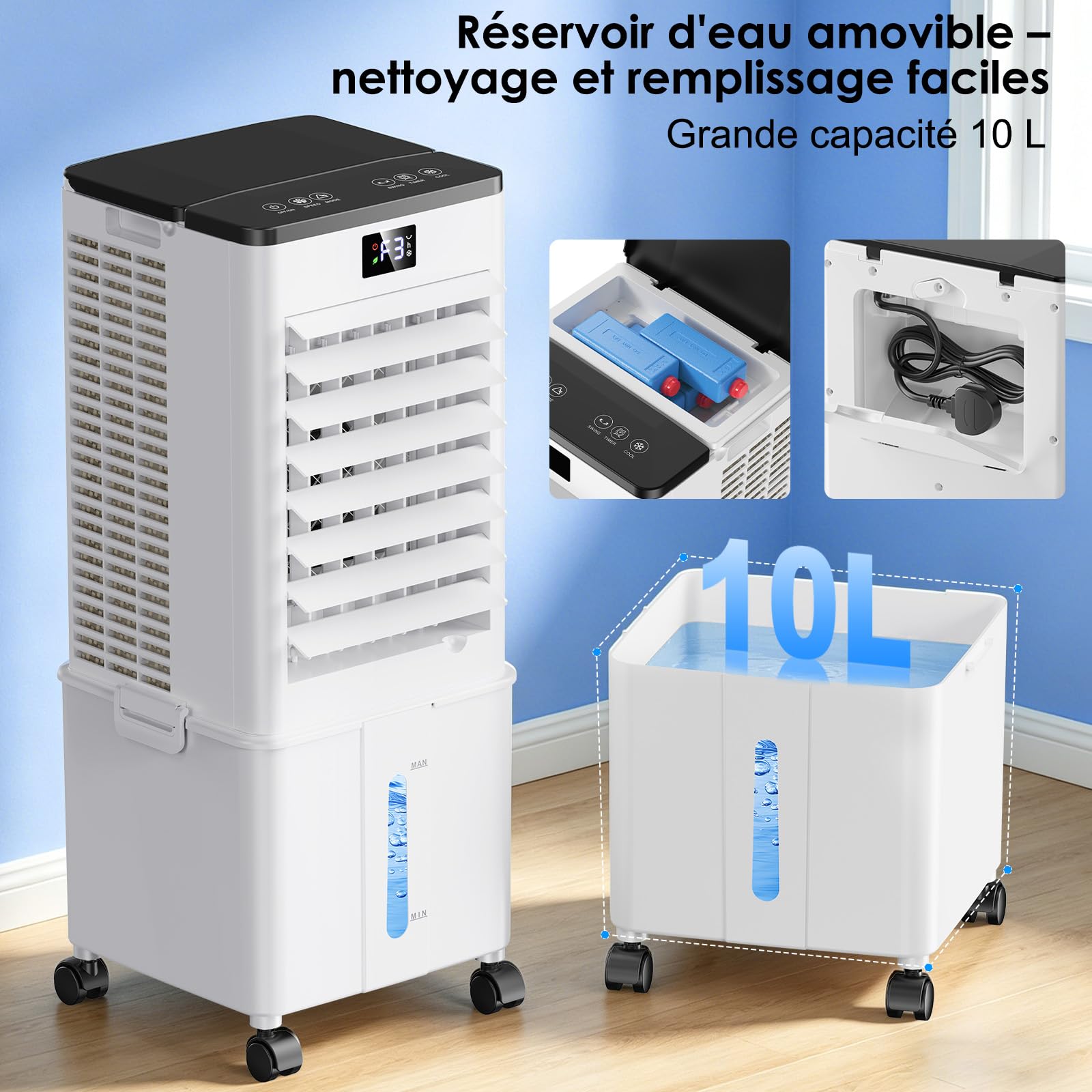 Climatiseur Mobile 10L-Amélioré, Rafraîchisseur d'Air avec Télécommande, Minuterie 1-12h, 3 Vitesses, Oscillation de 60°, Silencieux Climatiseur Portable pour Camping Chambre Cuisine(Blanc voilé)