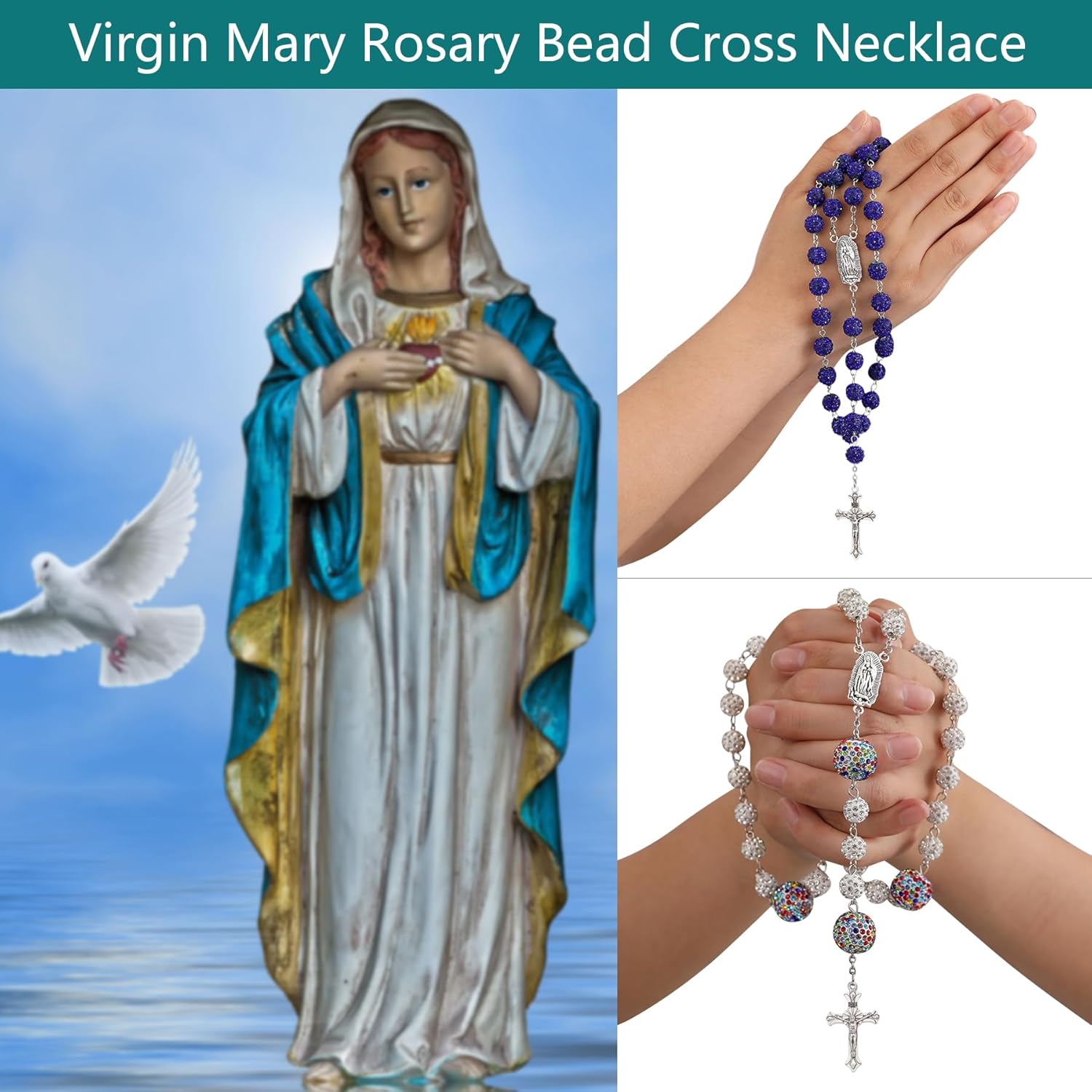 SKQIR Rosary Beads Catholic Crucifix Cross Necklace for Men Women Our Lady of Guadalupe Prayer Medal Jesus Wall Crucifix Cross Rosary Rhinestone Beads Religious Christian Jewelry Gifts for Men Women - Image 6