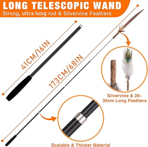 Miniatura 2 de JXFUKAL Juguete de varita para gatos, juguete extra largo de caña de pescar para gatos de 68 pulgadas, 4 recambios naturales de plumas enormes con