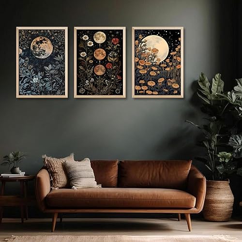 Miniatura 4 de 3 piezas enmarcadas de plantas de fase lunar en lienzo, arte de pared retro con diseño de flores de luna, impresión de póster con imagen celestial