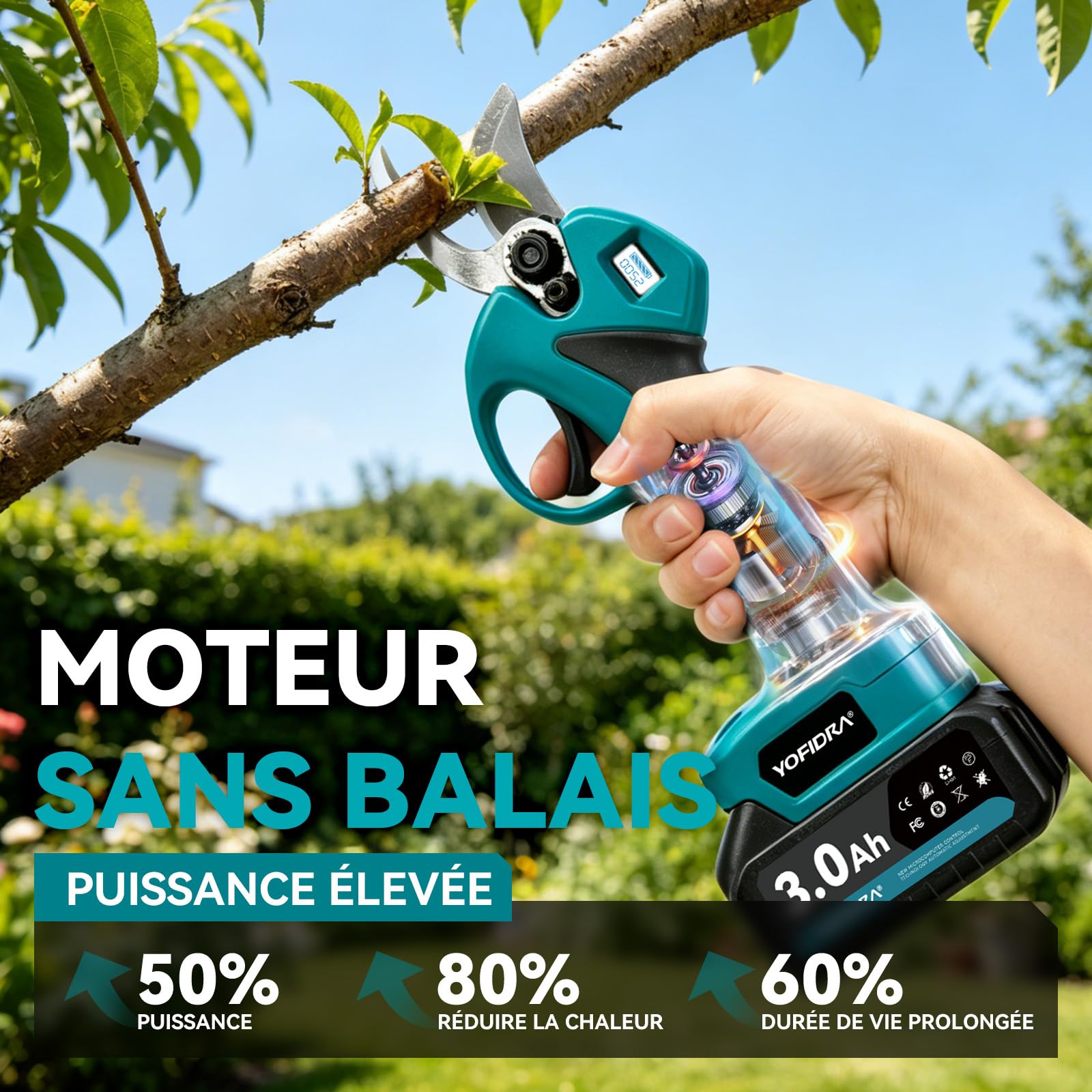Yofidra 2-in-1 Akku Hochentaster, 30mm Elektrische Astschere Teleskopstiel mit 2 x 3000mAh Akku, 300W Bürstenloser Motor, LCD-Display, Max. Reichweite bis 4,2m, Gartenschere für Äste, Obstbaum