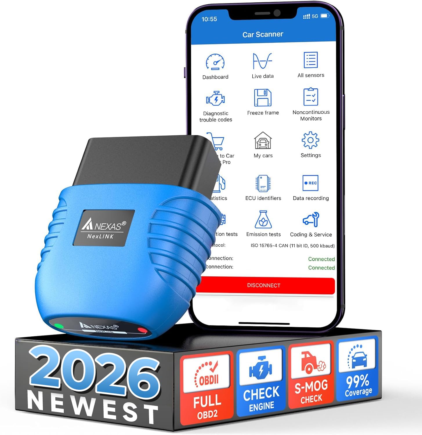 NEXAS NexLINK Bluetooth OBD2 Scanner for Car - Check Engine Light Code Reader with Live Data & Performance Test, Wireless Diagnostic Scan Tool with Resets for All US Vehicles, Works with iOS Android