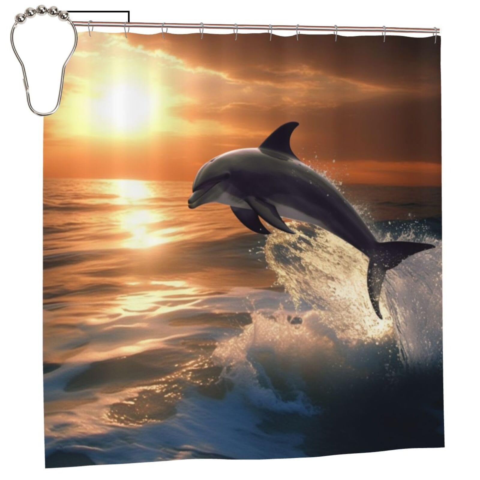 BWWHCCTI Beautiful Dolphin Printed Shower Curtain With 12 Iron Hooks Opaque Quick Drying Waterproof Shower Curtains Sets For Bathroom 183x183 CM