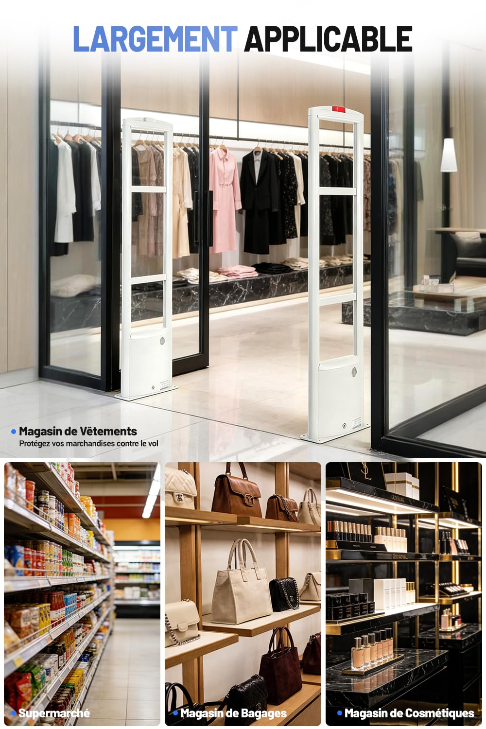 Portique Antivol RF 8,2 MHz, Système Antivol Magasin avec Détection Stable, Alarme Sonore et Lumineuse, 100 Étiquettes RF et Accessoires Complets pour Boutiques, Blanc