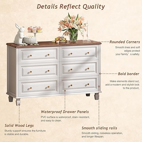 Miniatura 71 de Cómoda de 6 cajones, cómoda de mediados de siglo de 47 pulgadas de ancho, cómoda de madera para dormitorio con 6 cajones de almacenamiento para