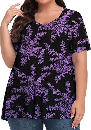 Tencede Womens Plus Size Tops Short Sleeve Tunic Shirts V Neck Summer Floral Loose Fit Blouse XL-5X