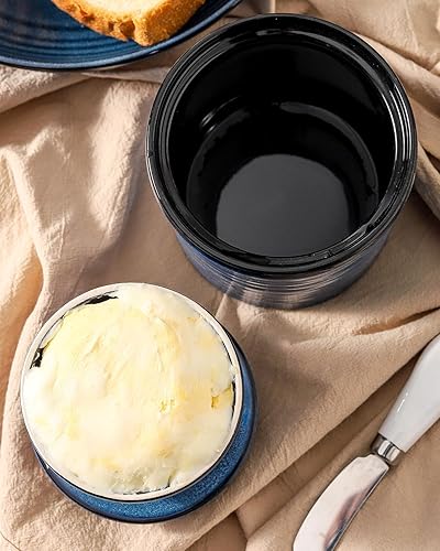 Miniatura 4 de Mantequillera de cerámica con tapa de bambú, conservador de mantequilla Tikooere para refrigerador con cuchillo para encimera, recipiente grande de