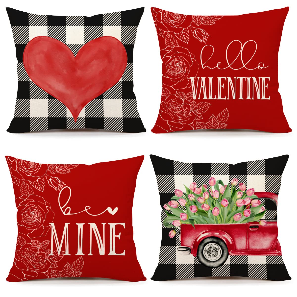 4TH EmotionValentines Day Pillow Covers 18x18 Set of 4 Spring Buffalo Farmhouse Decor Red Truck with Tulips Be Mine Love Heart Holiday Decorations Throw Cushion Case for Home Decorations TH156