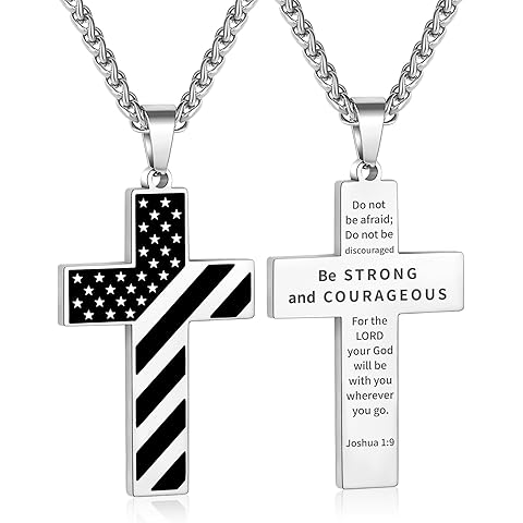 American Flag Cross Necklace Stainless Steel Bible Verse Pendant Men Military Relig...