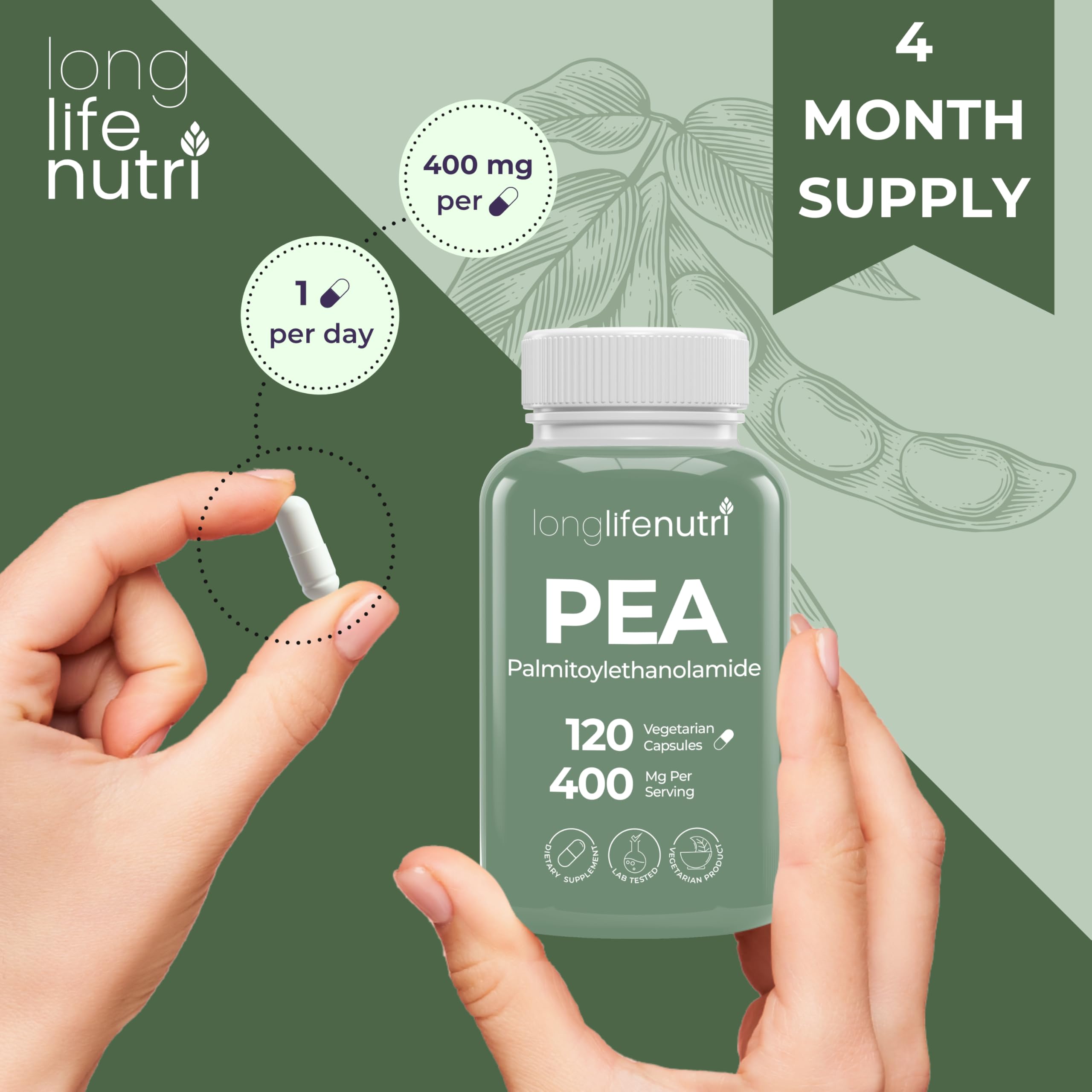 LongLifeNutri Palmitoylethanolamide Pea 400mg, 120 Capsules, 120 Servings — Amazon image 5