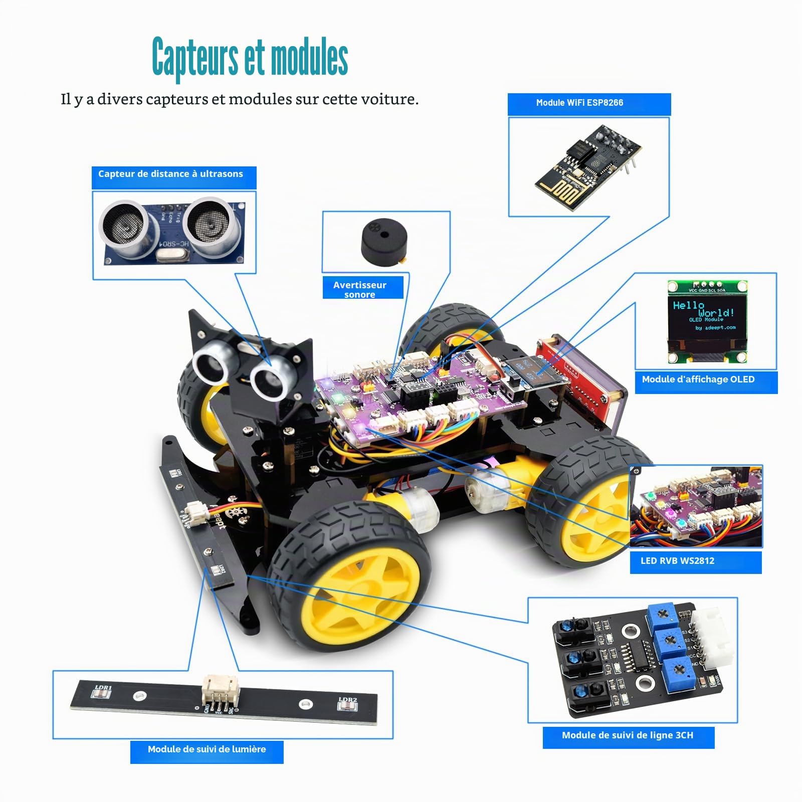 Adeept Kit de Voiture Intelligente 4WD (Compatible avec Arduino IDE), Suivi de Ligne, Suivi de Lumière, Évitement d'Obstacles, Moteur Servo, Écran OLED, Buzzer, Écran à Matrice de Points LED