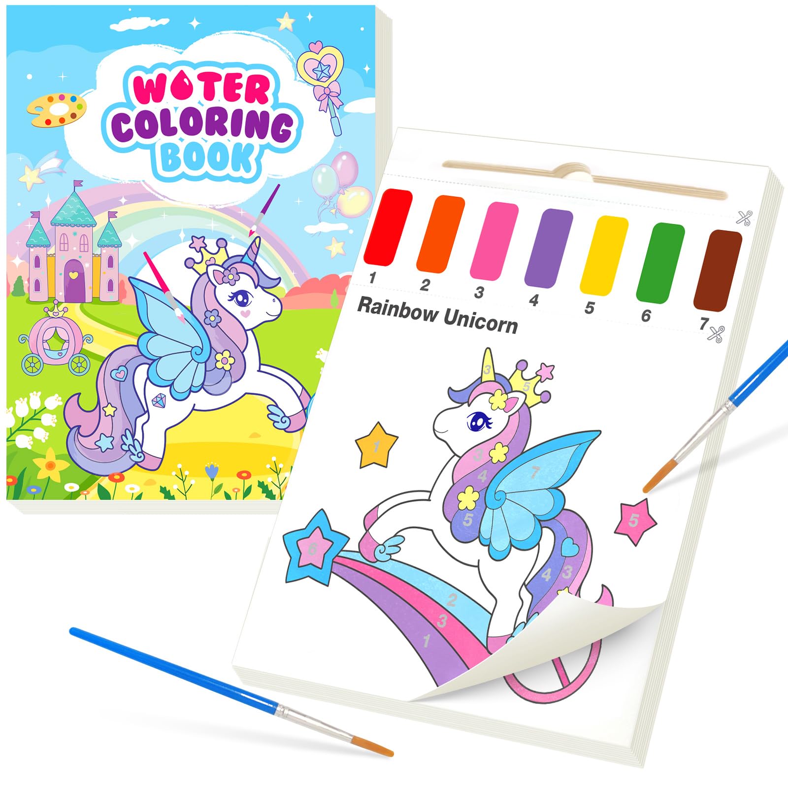 LIKYMO Painting by Numbers, Colouring Book, Water Painting Books for Kids 4-8, Arts and Crafts, Watercolor Painting Sets for Kids, Birthday Gifts Boys Girls (Blue Unicorns)