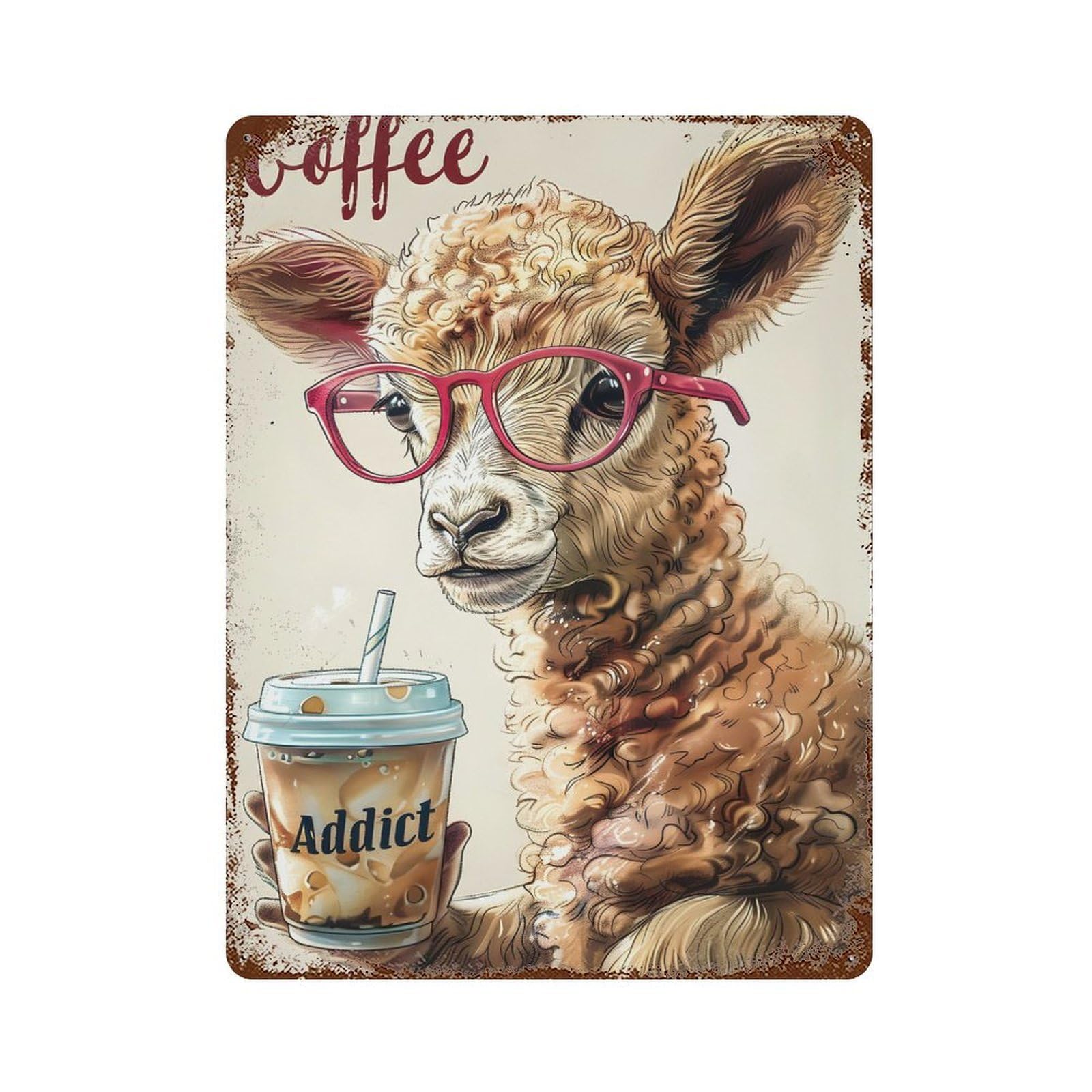 Cute Lamb Coffee Addict Retro Metal Sign 15.7"x11.8", Ideal for Cafe, Home Bar And Lounge Decor