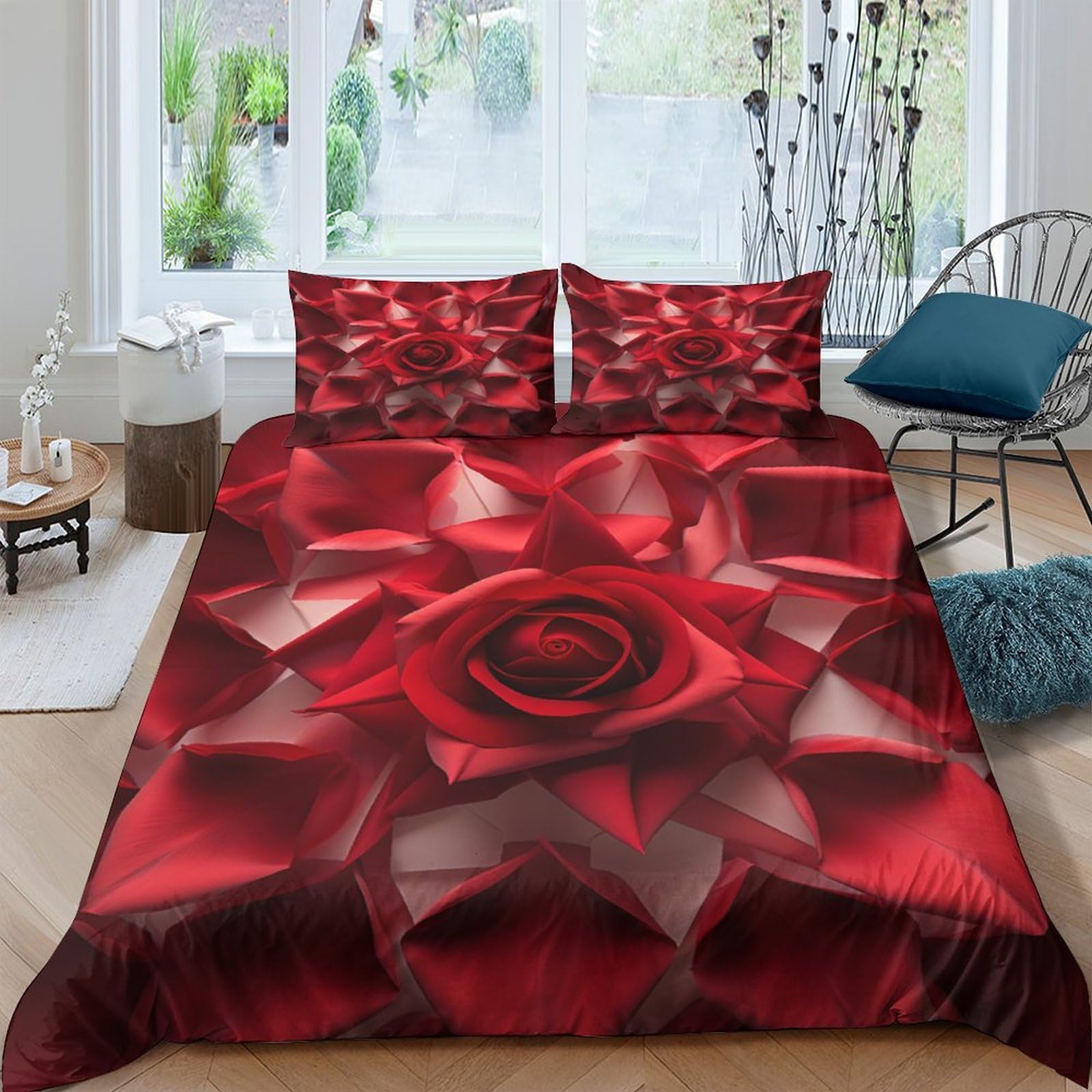 Housse de couette anti-allergie hypoallergénique parure de lit fleur rouge 220x240