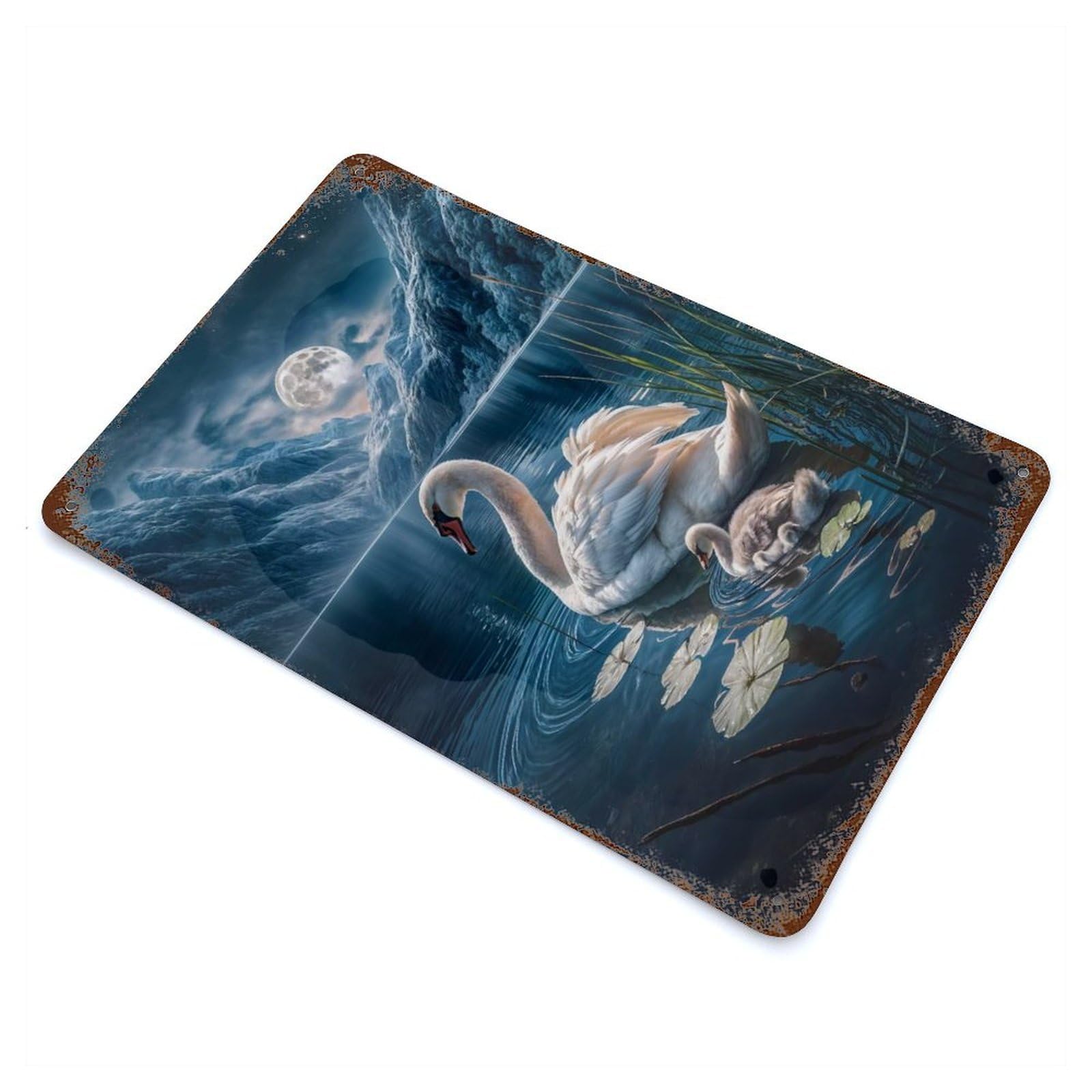 Retro Metal Sign with Moonlit Swan Serenity Design 11.8"x7.9", for Living Room, Hallway And Home Decor, Vintage Wall Decor