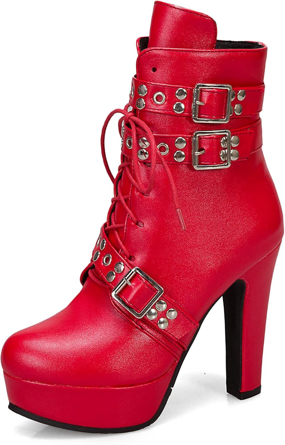 Bellirala Women's Studded Buckled Combat Boots Chunky Platform Ankle Booties Goth Punk Lace Up Knight Biker Boots Zipper High Heels