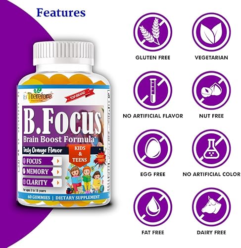 Miniatura 7 de Therefore B.Focus - Gomitas para niños, memoria, atención y apoyo escolar, Omega-3 DHA y EPA potenciador cerebral y vitaminas infantiles para niños