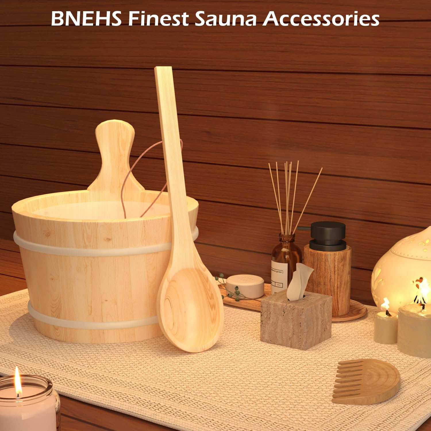 Sauna Bucket and Ladle, Sauna Accessories Made of Hand-Made Camphor Pine, Wooden Sauna Set with Plastic Lining and Handle