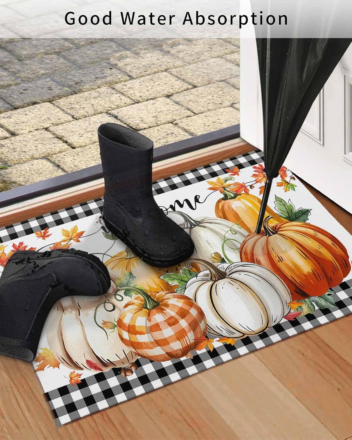 Fall Thanksgiving Front Door Mat Outside Entrance, Harvest Pumpkin Maple Leaf Outdoor Indoor Door Mats for Entryway, Low Profile White and Black Buffalo Plaid Funny Welcome Mat Entry Doormats 24x36 In