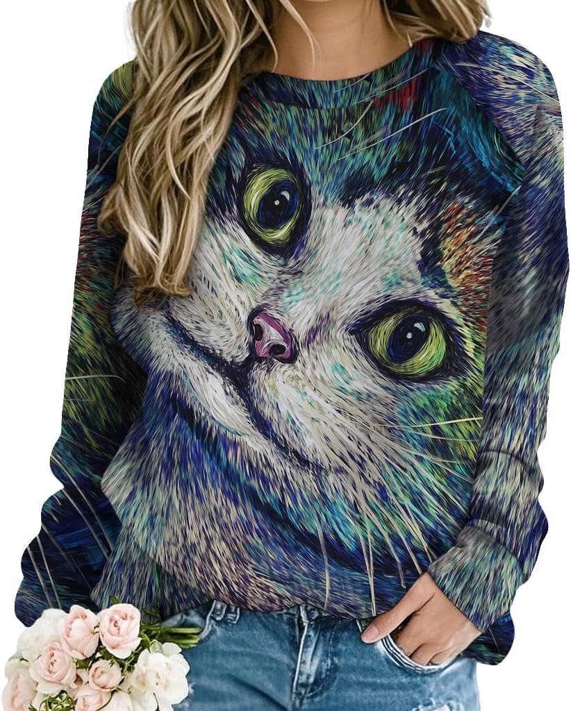 Cute Cat Sweatshirt for Women Long Sleeve Crewneck Pullover Casual Loose Fit Sweatshirts Fall Fashion Graphic Shirts