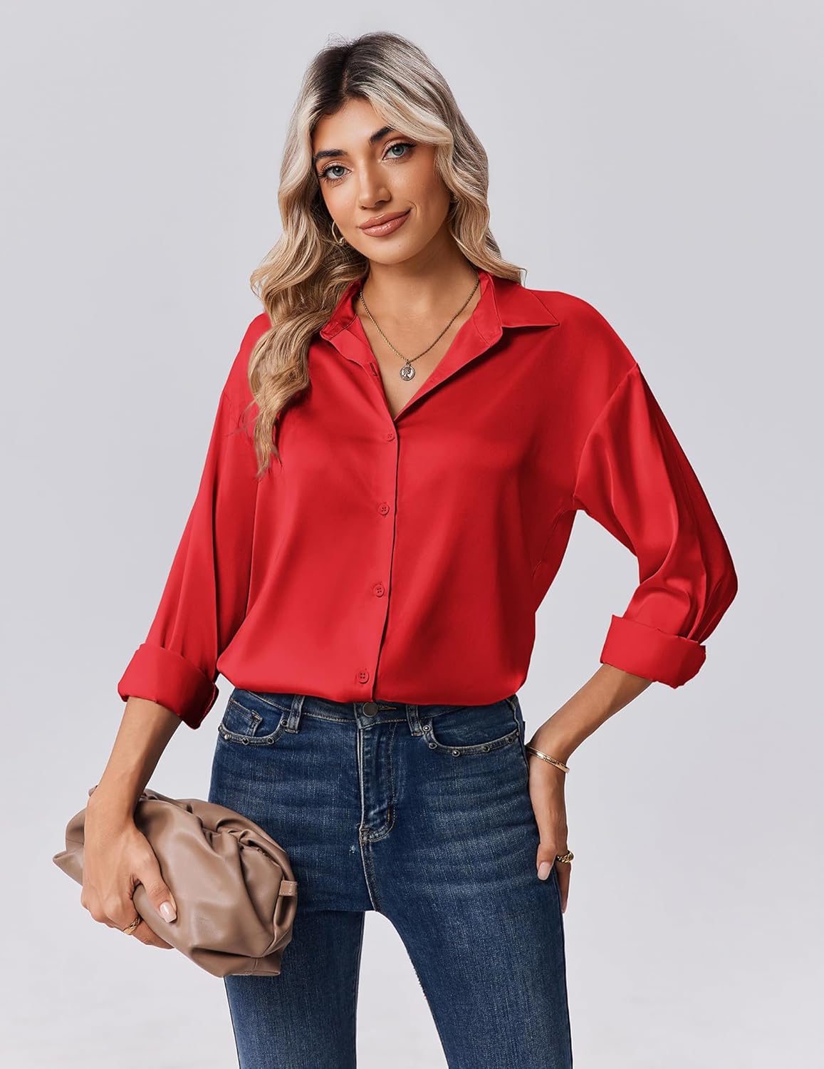 Zeagoo Satin Blouses Casual Long Sleeve Silk Button Down Shirts Business Work Top Red - Image 5